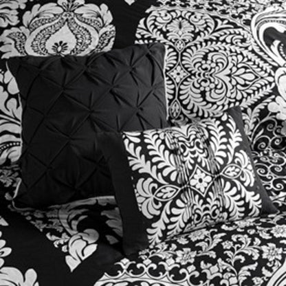 Set of Seven Black And White Damask King Ring Stitch Polyester Sham And Comforter HomeRoots