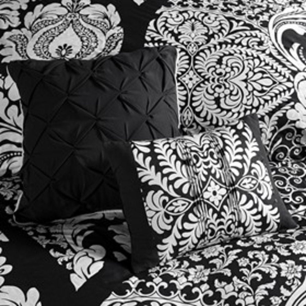 Set of Seven Black And White Damask King Ring Stitch Polyester Sham And Comforter HomeRoots