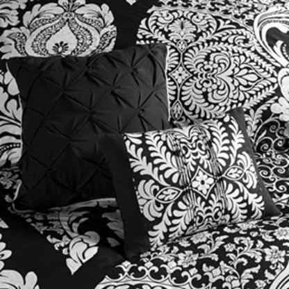 Set of Seven Black And White Damask King Ring Stitch Polyester Sham And Comforter HomeRoots