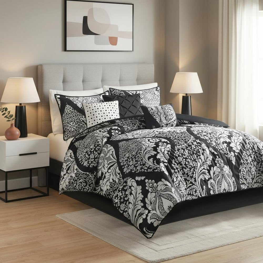 Set of Seven Black And White Damask King Ring Stitch Polyester Sham And Comforter HomeRoots