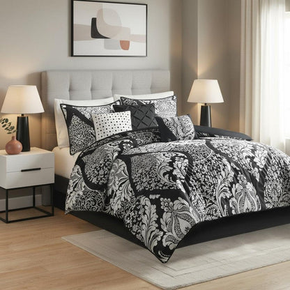 Set of Seven Black And White Damask King Ring Stitch Polyester Sham And Comforter HomeRoots