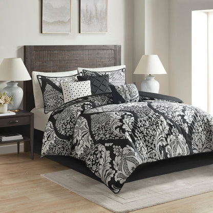 Set of Seven Black And White Damask King Ring Stitch Polyester Sham And Comforter HomeRoots