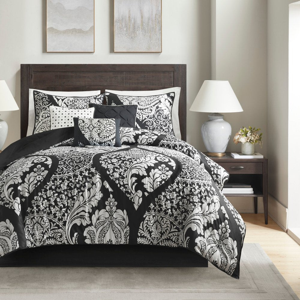 Set of Seven Black And White Damask King Ring Stitch Polyester Sham And Comforter HomeRoots