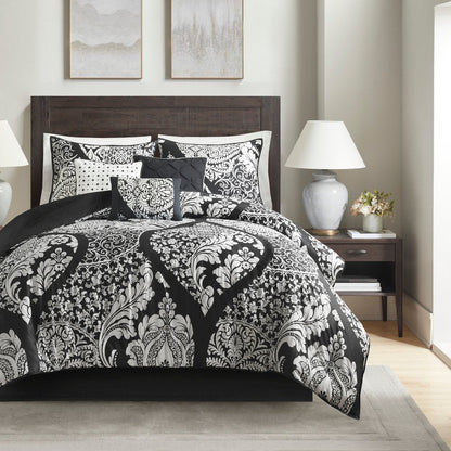 Set of Seven Black And White Damask King Ring Stitch Polyester Sham And Comforter HomeRoots