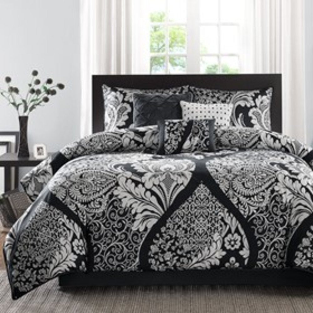 Set of Seven Black And White Damask King Ring Stitch Polyester Sham And Comforter HomeRoots
