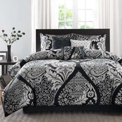 Set of Seven Black And White Damask King Ring Stitch Polyester Sham And Comforter HomeRoots