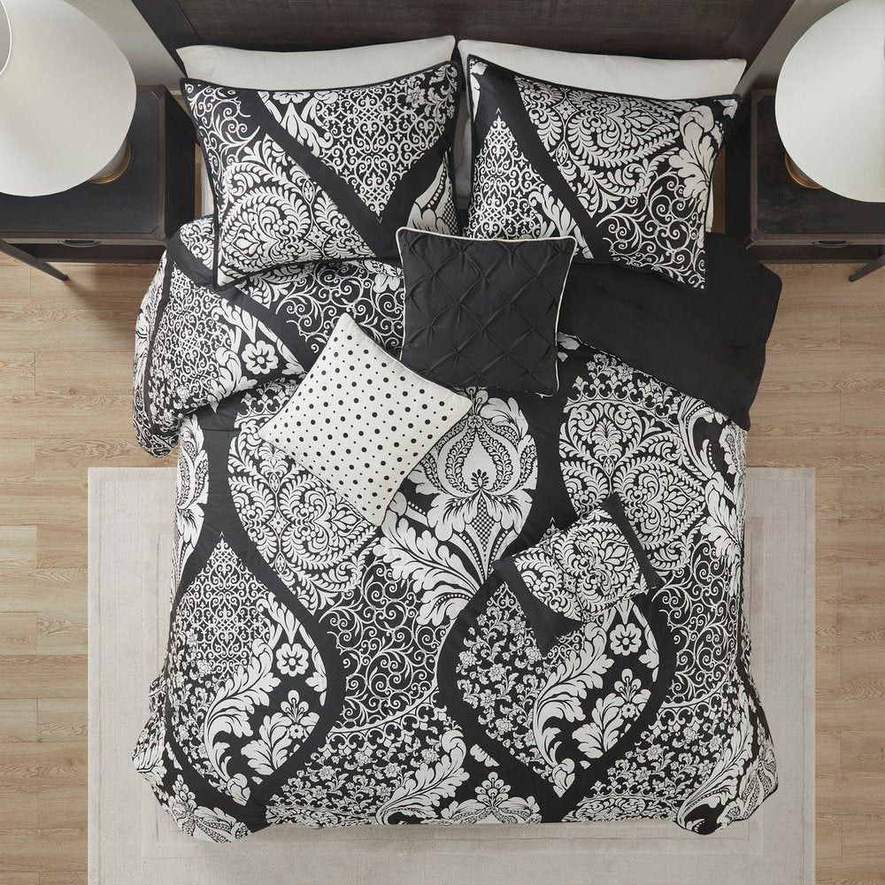 Set of Seven Black And White Damask King Ring Stitch Polyester Sham And Comforter HomeRoots