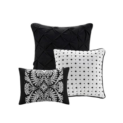 Set of Seven Black And White Damask King Ring Stitch Polyester Sham And Comforter HomeRoots