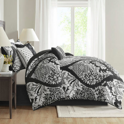 Set of Seven Black And White Damask King Ring Stitch Polyester Sham And Comforter HomeRoots