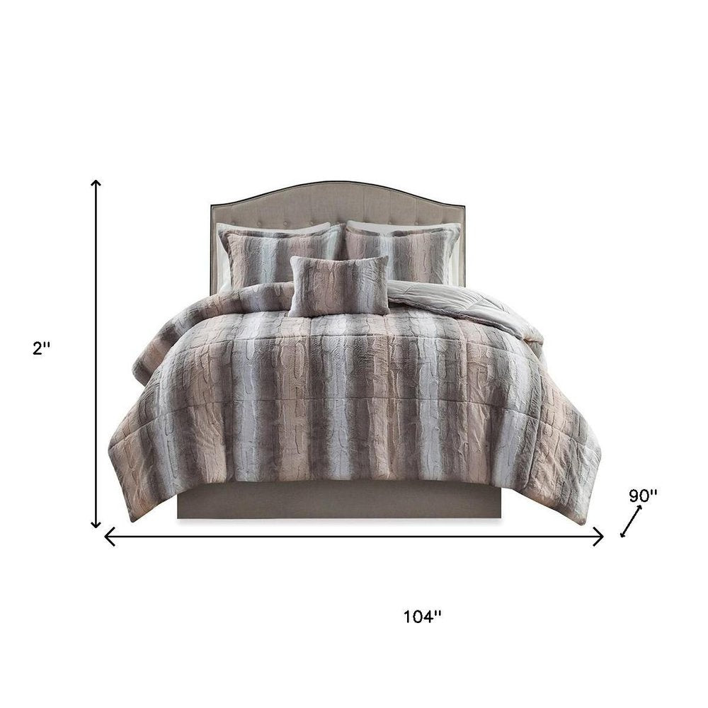 Set of Four Gray And Pink Striped King Ring Stitch Polyester Sham And Comforter HomeRoots