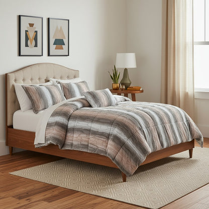 Set of Four Gray And Pink Striped King Ring Stitch Polyester Sham And Comforter HomeRoots