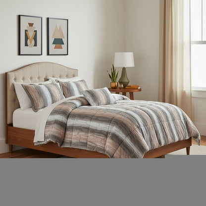 Set of Four Gray And Pink Striped King Ring Stitch Polyester Sham And Comforter HomeRoots