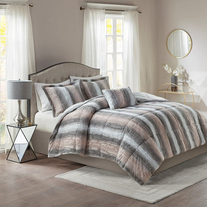 Set of Four Gray And Pink Striped King Ring Stitch Polyester Sham And Comforter HomeRoots
