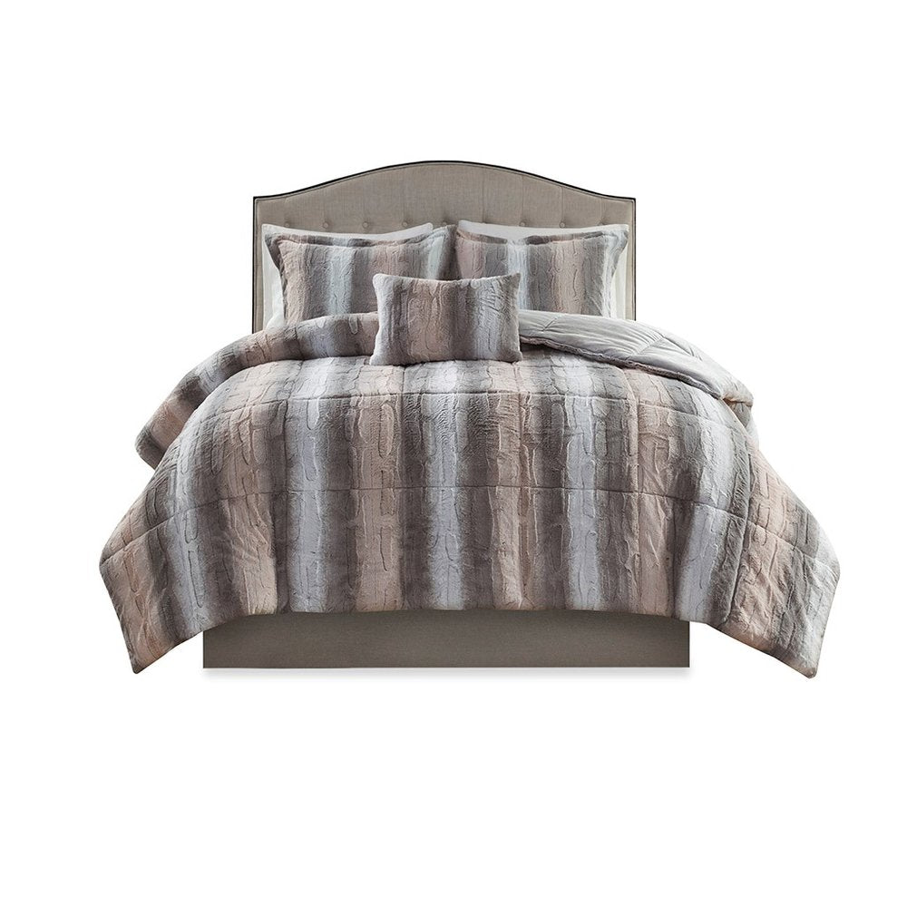 Set of Four Gray And Pink Striped King Ring Stitch Polyester Sham And Comforter HomeRoots