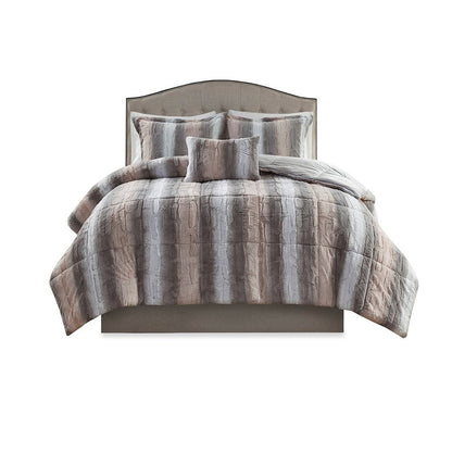 Set of Four Gray And Pink Striped King Ring Stitch Polyester Sham And Comforter HomeRoots