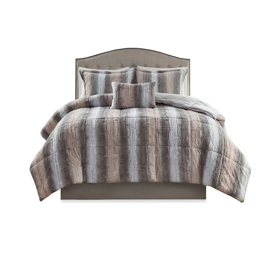 Set of Four Gray And Pink Striped King Ring Stitch Polyester Sham And Comforter HomeRoots