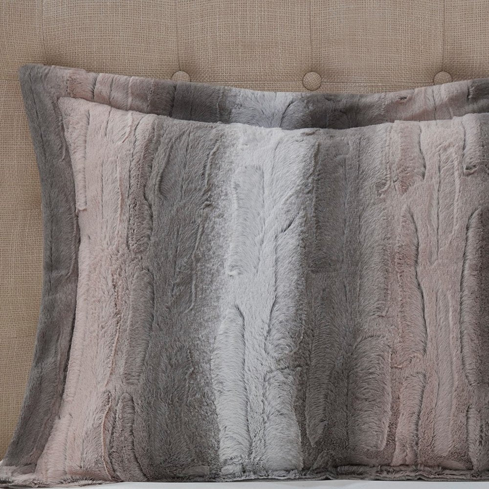 Set of Four Gray And Pink Striped King Ring Stitch Polyester Sham And Comforter HomeRoots