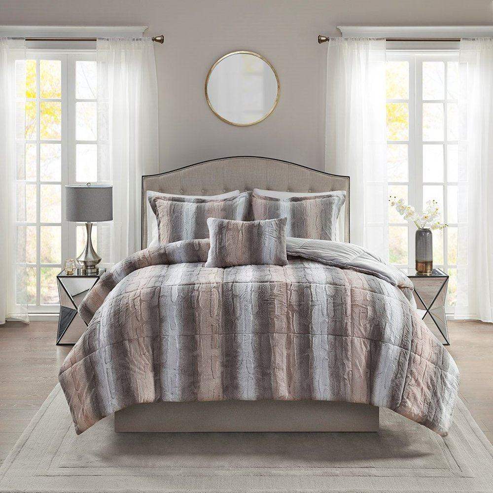 Set of Four Gray And Pink Striped King Ring Stitch Polyester Sham And Comforter HomeRoots