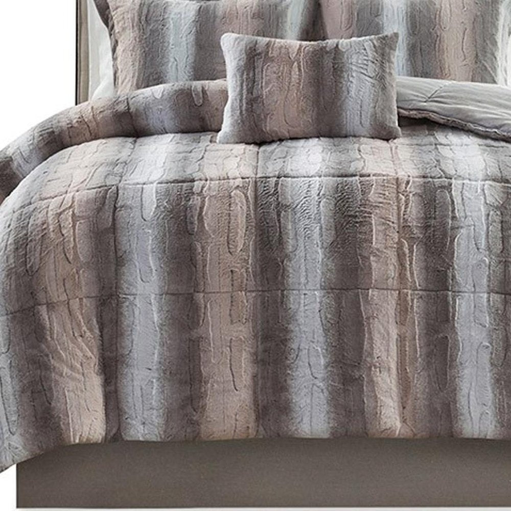 Set of Four Gray And Pink Striped King Ring Stitch Polyester Sham And Comforter HomeRoots