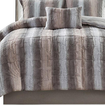 Set of Four Gray And Pink Striped King Ring Stitch Polyester Sham And Comforter HomeRoots