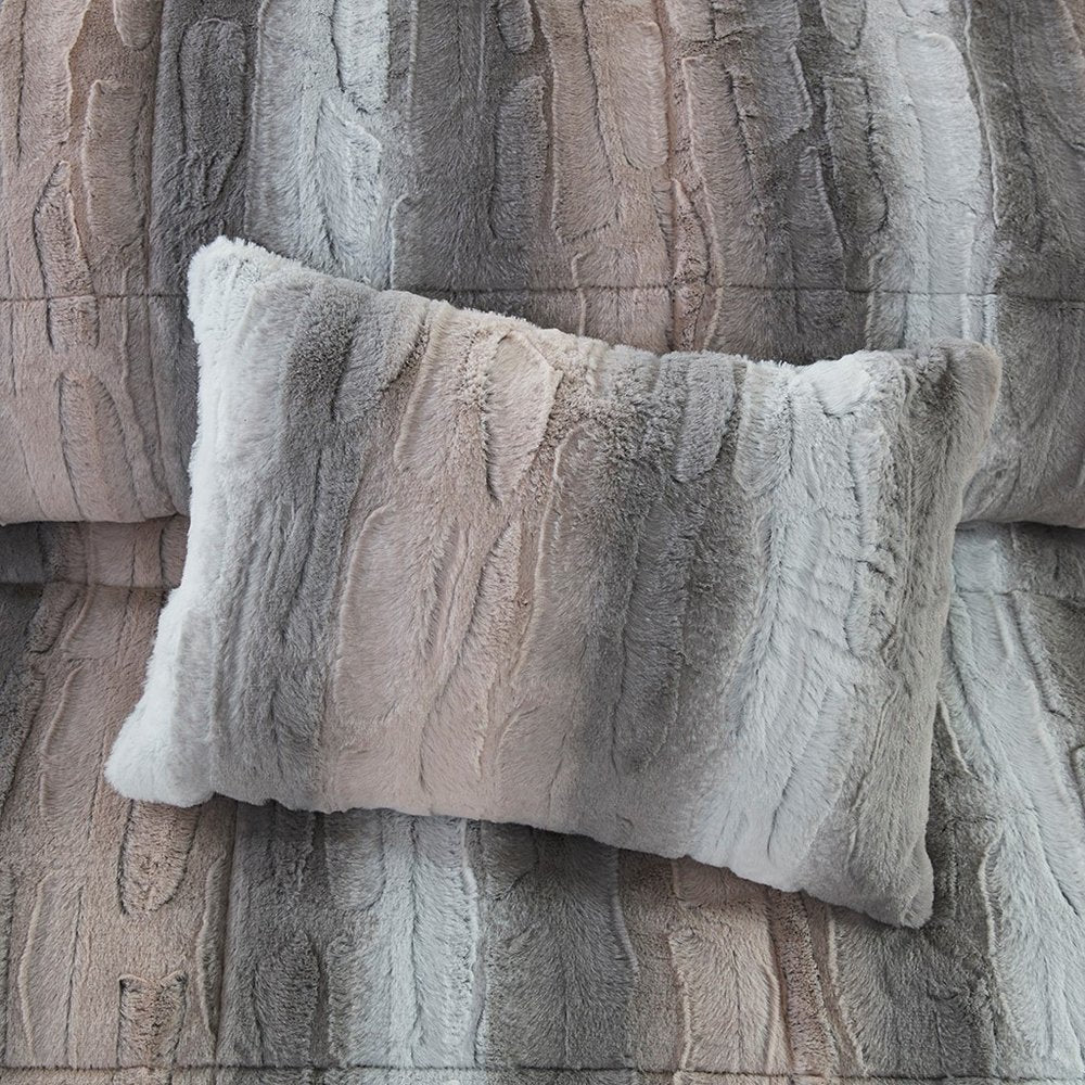 Set of Four Gray And Pink Striped King Ring Stitch Polyester Sham And Comforter HomeRoots