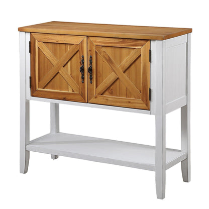 35''Farmhouse Wood Buffet Sideboard Console Table (Antique White + Natural Acacia Top & Door) - FurniFindUSA