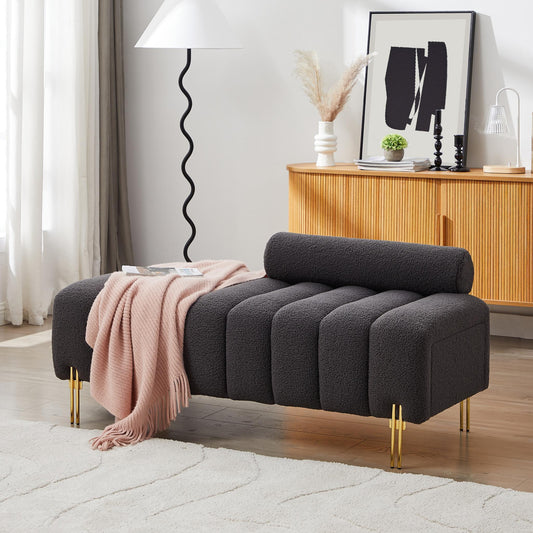 Modern End of Bed Bench Upholstered Teddy Entryway Ottoman Bench Fuzzy Sofa Stool Footrest Window Bench with Gold Metal Legs for Bedroom Apartments - FurniFindUSA