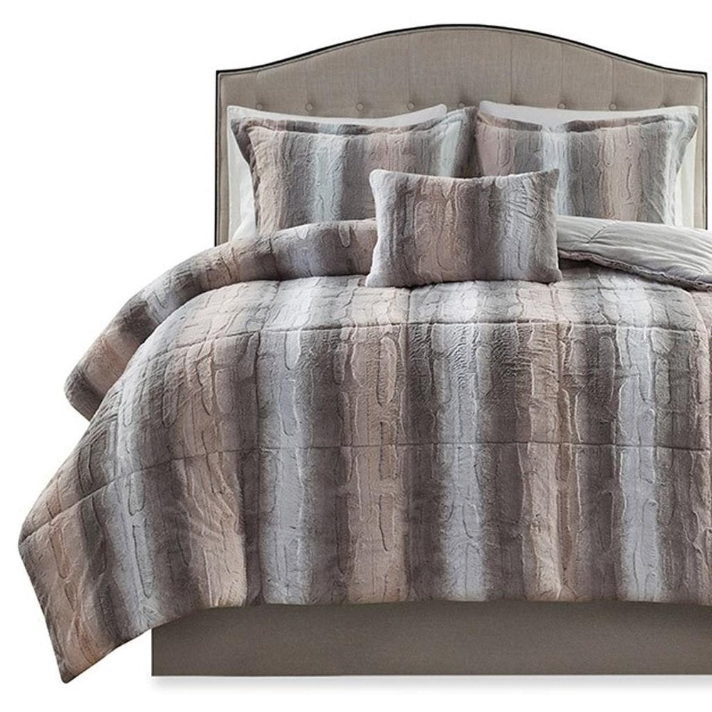 Set of Four Gray And Pink Striped Queen Ring Stitch Polyester Sham And Comforter HomeRoots