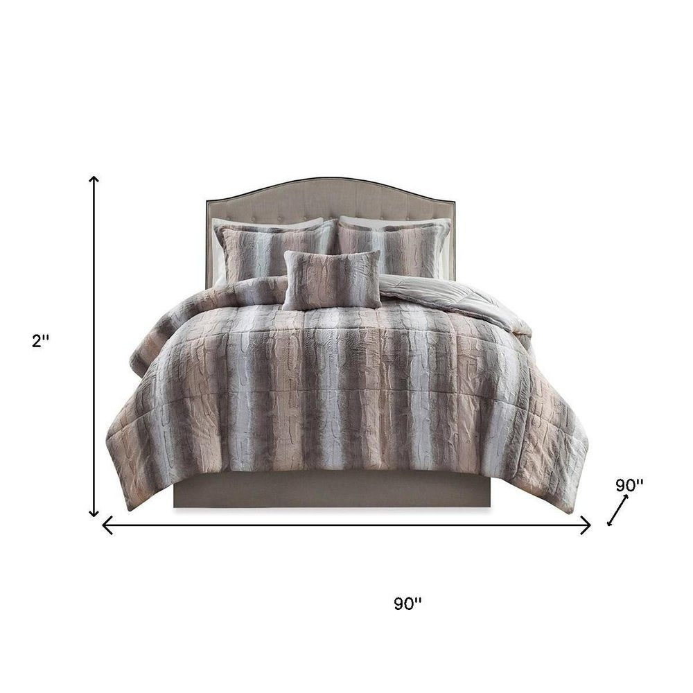 Set of Four Gray And Pink Striped Queen Ring Stitch Polyester Sham And Comforter HomeRoots