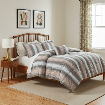 Set of Four Gray And Pink Striped Queen Ring Stitch Polyester Sham And Comforter HomeRoots