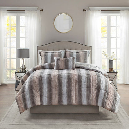 Set of Four Gray And Pink Striped Queen Ring Stitch Polyester Sham And Comforter HomeRoots