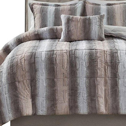 Set of Four Gray And Pink Striped Queen Ring Stitch Polyester Sham And Comforter HomeRoots