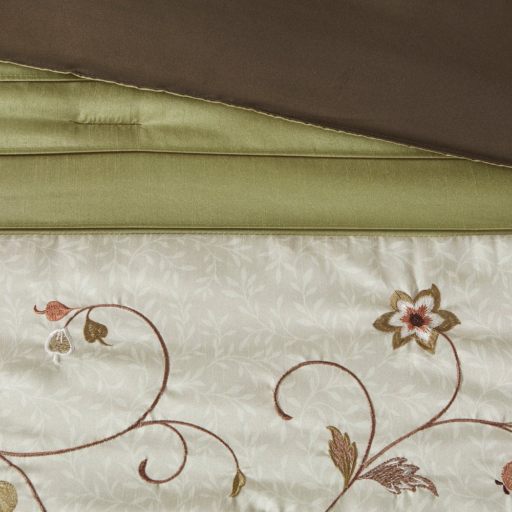 Set of Seven Green And Brown Floral King Ring Stitch Polyester Sham And Comforter HomeRoots