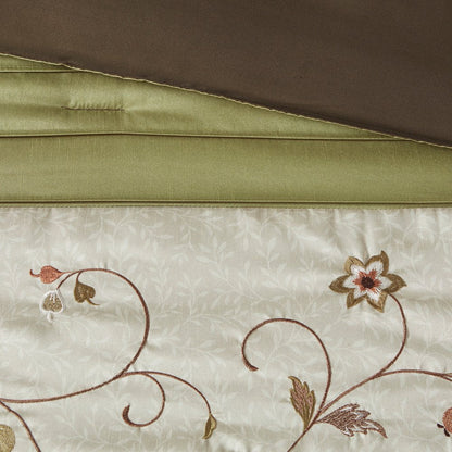 Set of Seven Green And Brown Floral King Ring Stitch Polyester Sham And Comforter HomeRoots