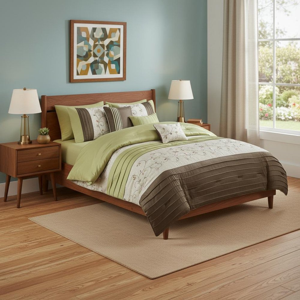 Set of Seven Green And Brown Floral King Ring Stitch Polyester Sham And Comforter HomeRoots