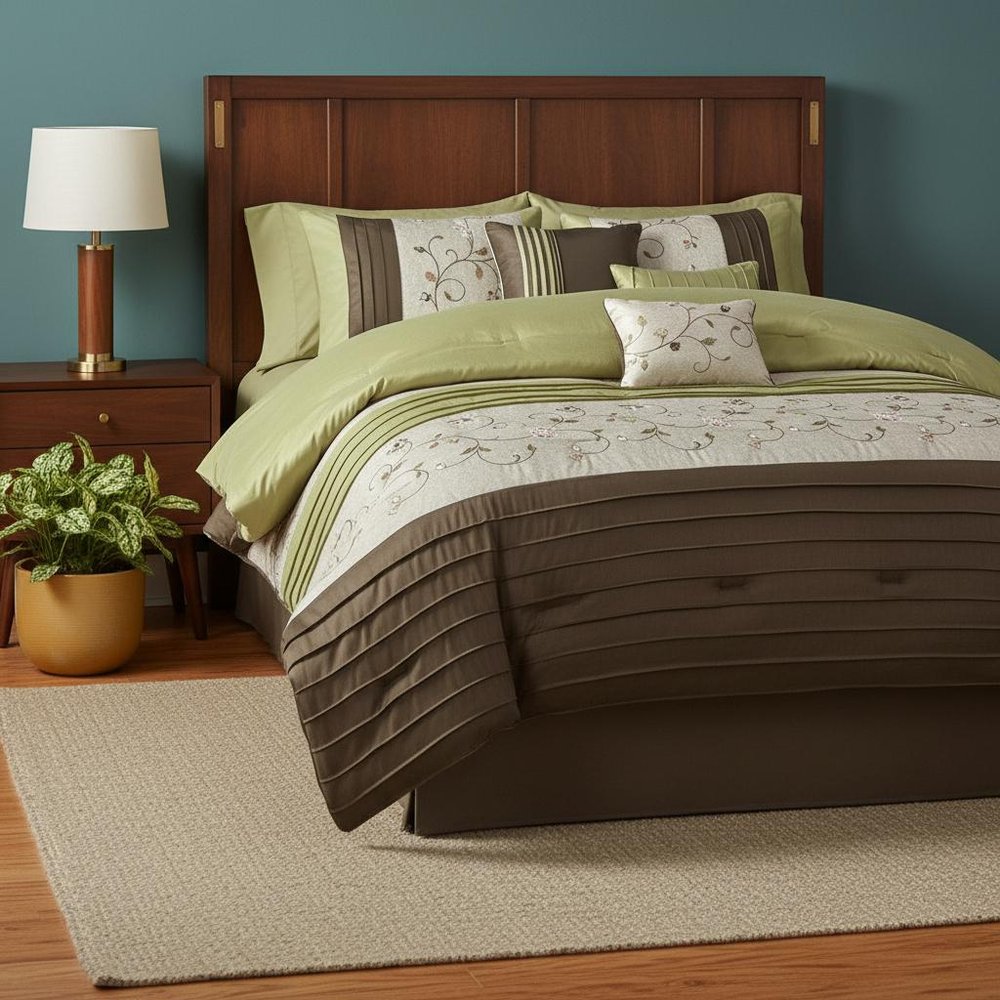 Set of Seven Green And Brown Floral King Ring Stitch Polyester Sham And Comforter HomeRoots