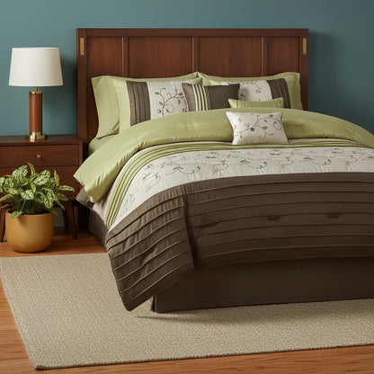 Set of Seven Green And Brown Floral King Ring Stitch Polyester Sham And Comforter HomeRoots