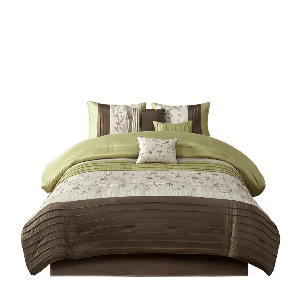 Set of Seven Green And Brown Floral King Ring Stitch Polyester Sham And Comforter HomeRoots