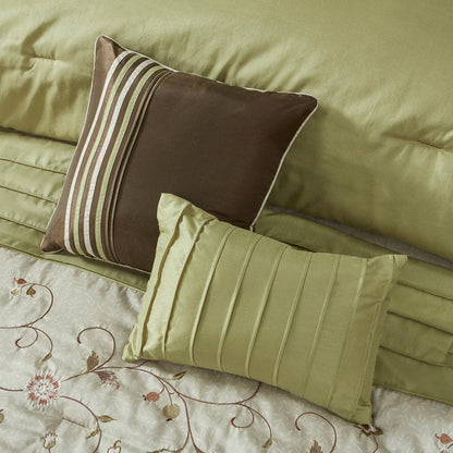 Set of Seven Green And Brown Floral King Ring Stitch Polyester Sham And Comforter HomeRoots