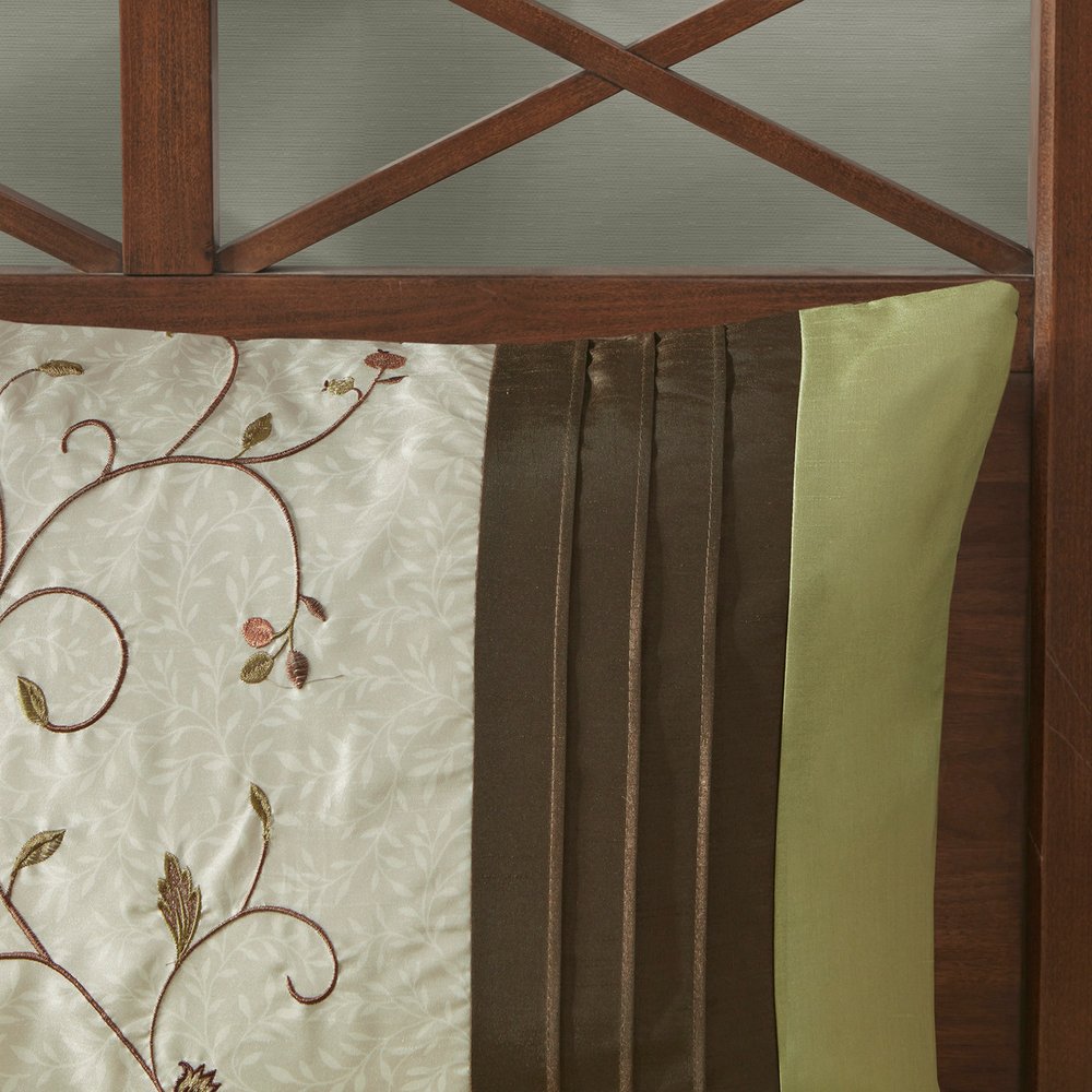 Set of Seven Green And Brown Floral King Ring Stitch Polyester Sham And Comforter HomeRoots
