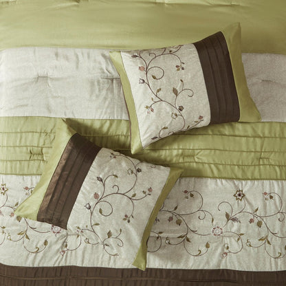 Set of Seven Green And Brown Floral King Ring Stitch Polyester Sham And Comforter HomeRoots