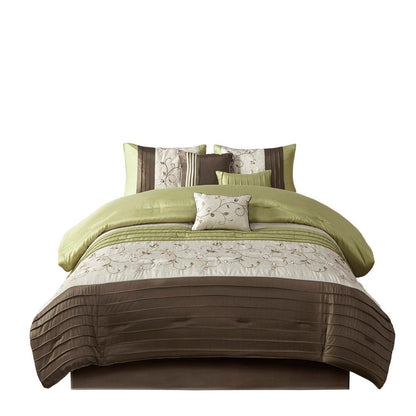 Set of Seven Green And Brown Floral King Ring Stitch Polyester Sham And Comforter HomeRoots