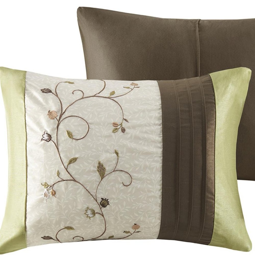 Set of Seven Green And Brown Floral King Ring Stitch Polyester Sham And Comforter HomeRoots