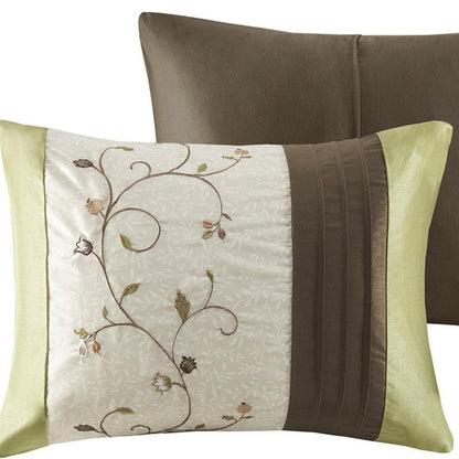 Set of Seven Green And Brown Floral King Ring Stitch Polyester Sham And Comforter HomeRoots