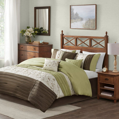 Set of Seven Green And Brown Floral King Ring Stitch Polyester Sham And Comforter HomeRoots