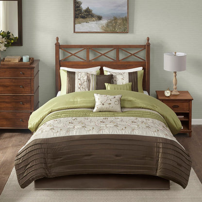 Set of Seven Green And Brown Floral King Ring Stitch Polyester Sham And Comforter HomeRoots