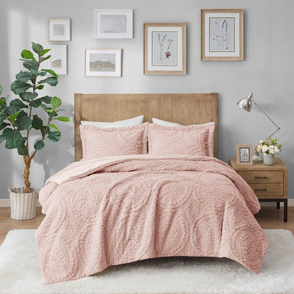 Set of Three Blush Medallion Queen Ring Stitch Polyester Sham And Comforter HomeRoots