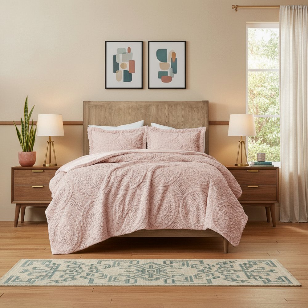 Set of Three Blush Medallion Queen Ring Stitch Polyester Sham And Comforter HomeRoots
