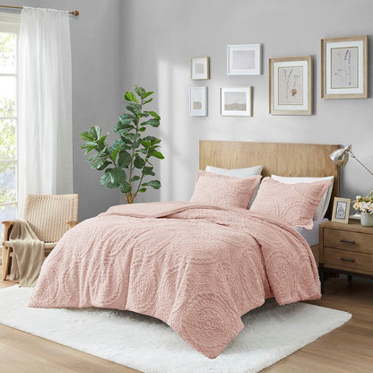 Set of Three Blush Medallion Queen Ring Stitch Polyester Sham And Comforter HomeRoots