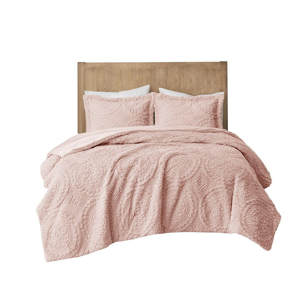 Set of Three Blush Medallion Twin Ring Stitch Polyester Sham And Comforter HomeRoots